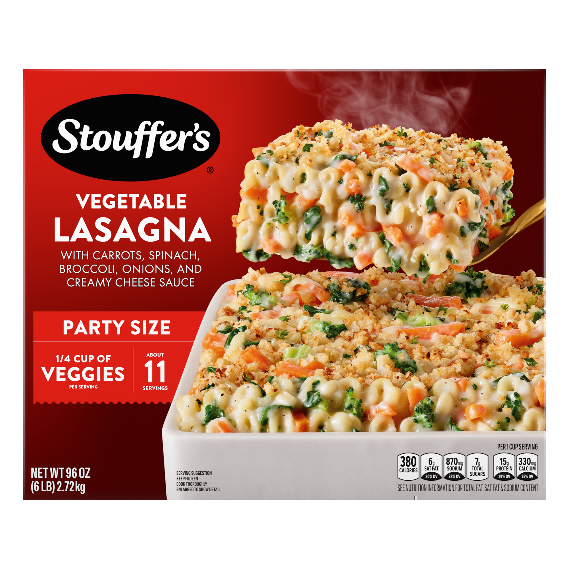 slide 1 of 14, Stouffer's Stouffer''s Veggie Lovers Lasagna, Party Size, Frozen Lasagna, 96 oz, 96 oz