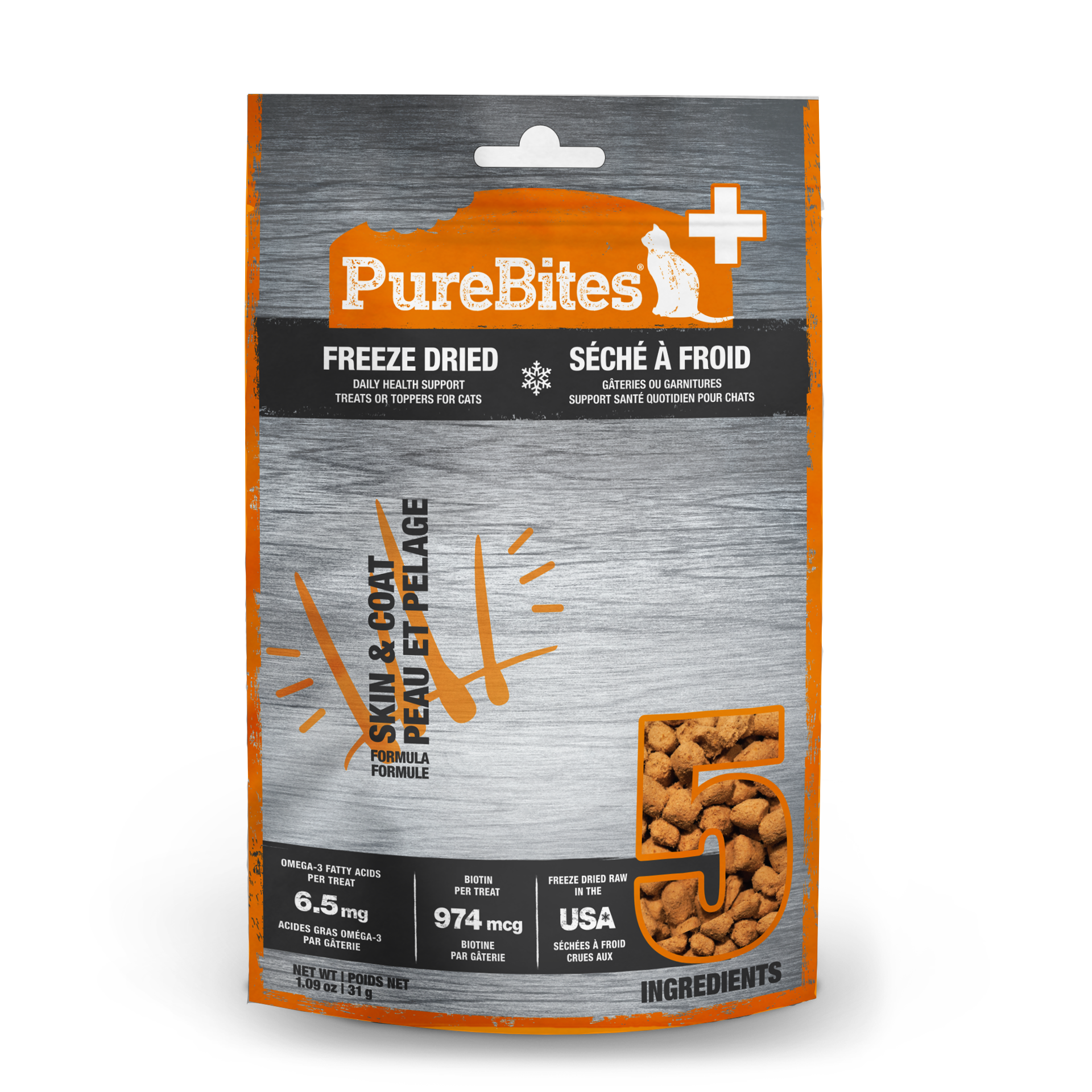 slide 1 of 5, PureBites+ Freeze Dried Cat Treats 1.09oz | Skin & Coat | 5 Ingredients | Made in USA, 31 g