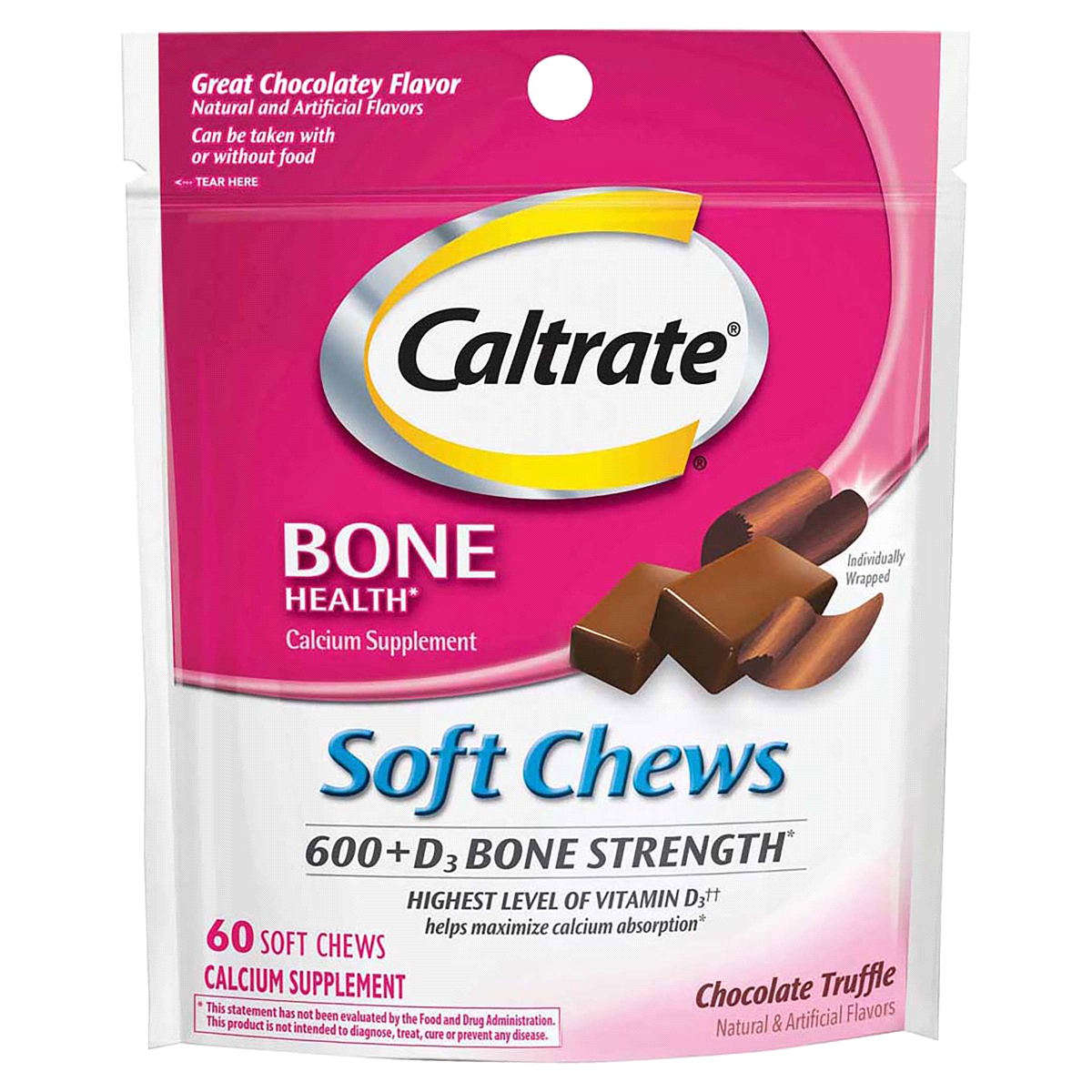 slide 1 of 6, Caltrate 600 & D3 Calcium and Vitamin D3 Dietary Supplement Soft Chews - Chocolate Truffle, 60 ct