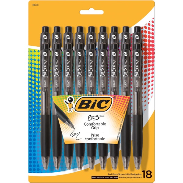 slide 1 of 4, BIC Bu3 Grip Rt Ball Pens, Medium Point, Clear Barrel, Black Ink, Pack Of 18 Pens, 18 ct