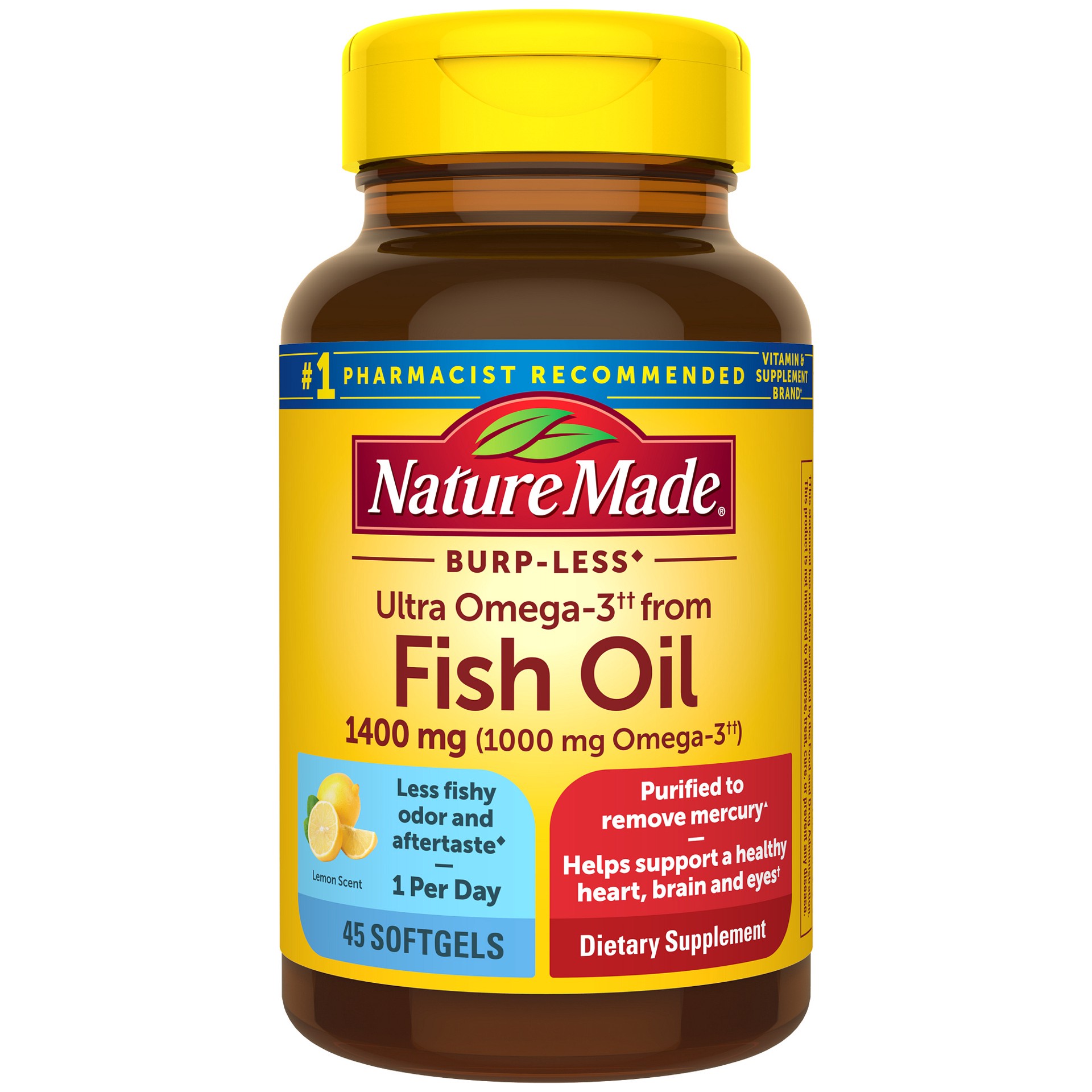 slide 1 of 4, Nature Made Burp Less Ultra Omega 3 Fish Oil 1400 mg, Fish Oil Supplements, Omega 3 Supplement for Healthy Heart, Brain and Eyes Support, One Per Day, 45 Softgels, 45 ct