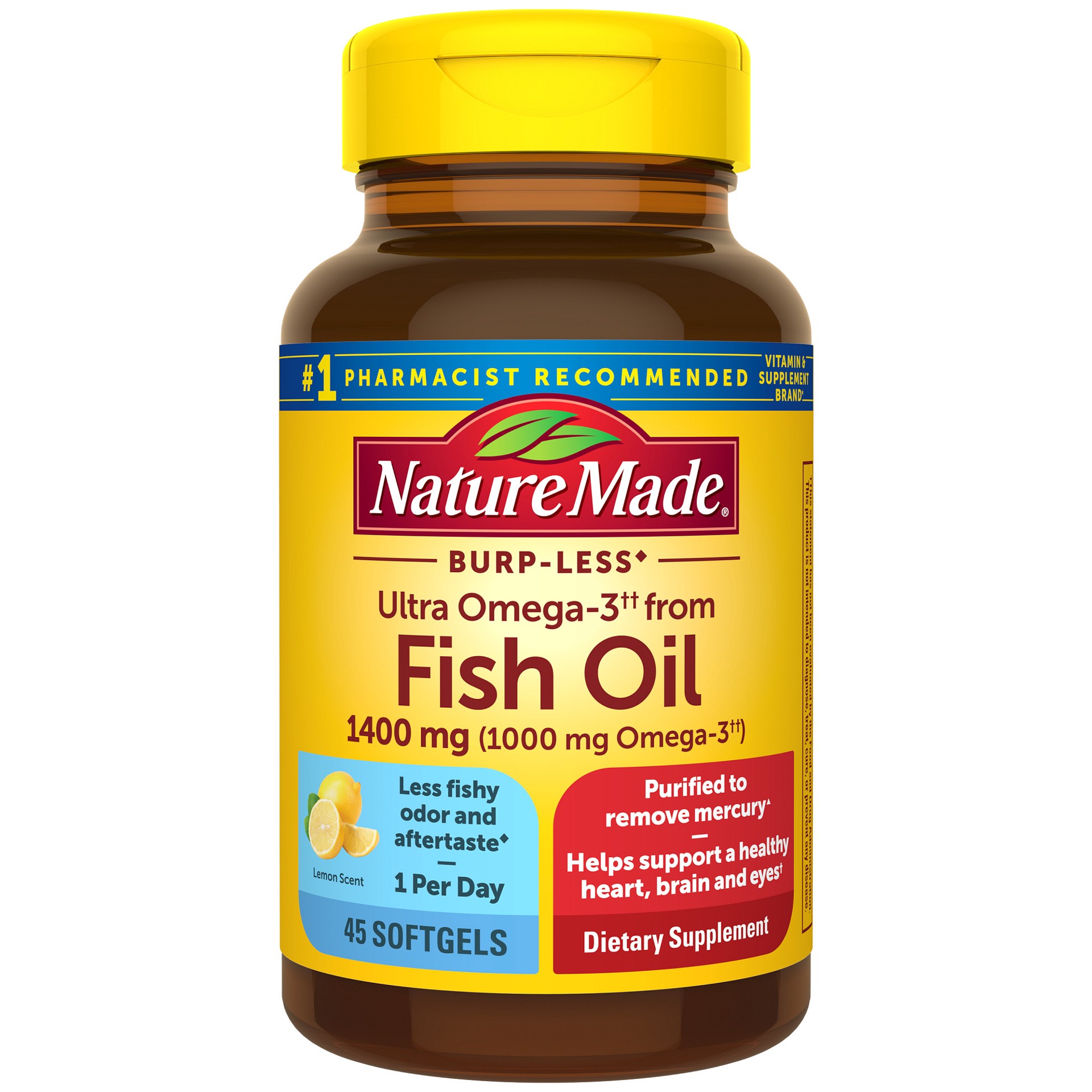 slide 1 of 1, Nature Made Extra Strength Omega 3 Fish Oil Supplements, 1400mg, Fish Oil Omega 3 Supplements as Ethyl Esters for Healthy Heart, Brain, Eyes, Mood Support, 45 Softgels, 45 Day Supply, 45 ct
