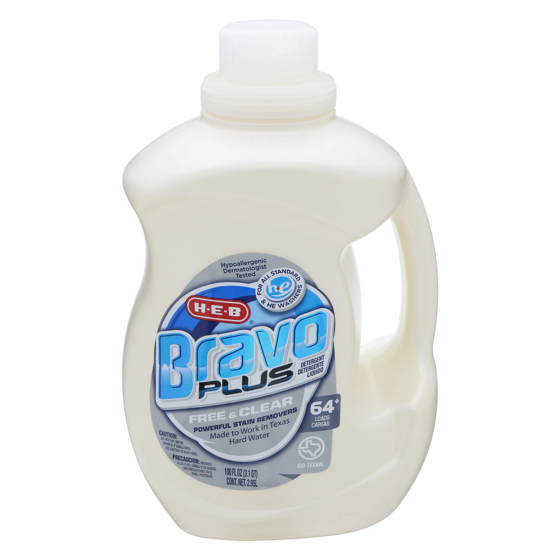 slide 1 of 1, H-E-B Bravo Plus Free N Clear Liquid Detergent 64 Loads, 100 oz