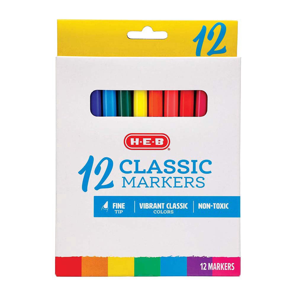 slide 1 of 1, H-E-B Fine Tip Classic Markers, 12 ct