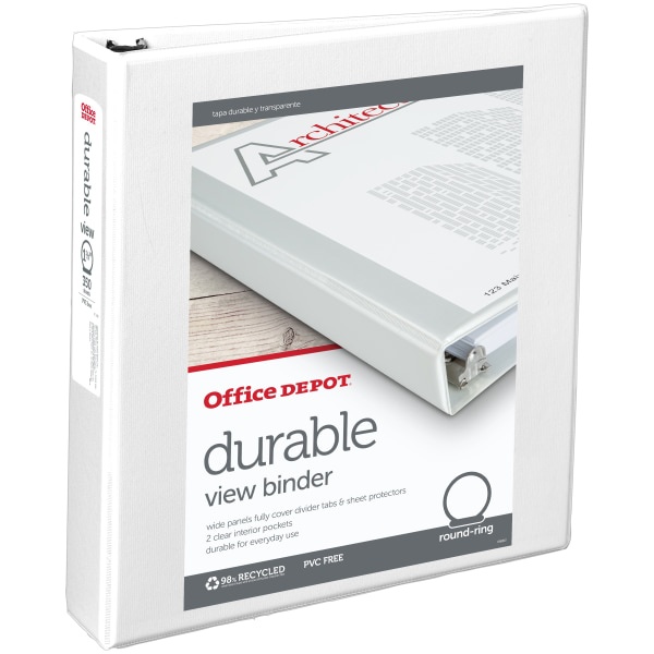 slide 1 of 3, Office Depot Durable View Round-Ring Binder, 1-1/2'' Rings, 61% Recycled, White, 1 ct