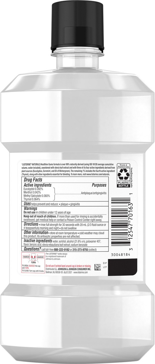 slide 4 of 7, Listerine Naturals Healthier Gums Antiseptic Mouthwash, Fluoride-Free Oral Rinse To Help Prevent Bad Breath, Plaque Build-Up, Gingivitis & Gum Disease, Herbal Mint, 500 mL, 16.9 oz