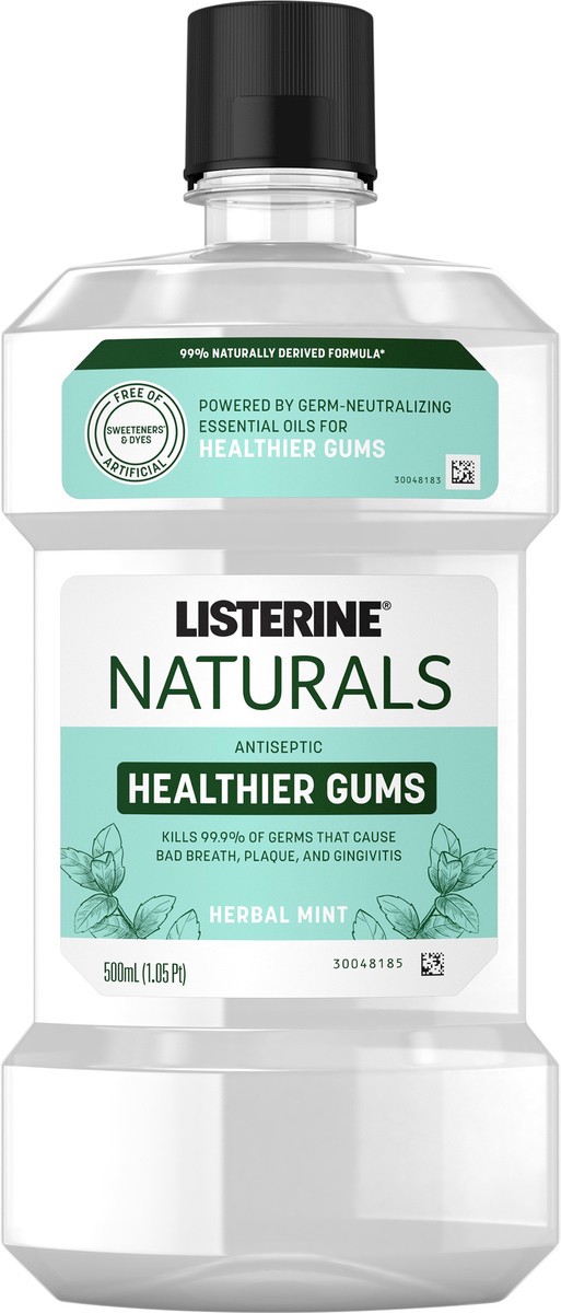 slide 5 of 7, Listerine Naturals Healthier Gums Antiseptic Mouthwash, Fluoride-Free Oral Rinse To Help Prevent Bad Breath, Plaque Build-Up, Gingivitis & Gum Disease, Herbal Mint, 500 mL, 16.9 oz