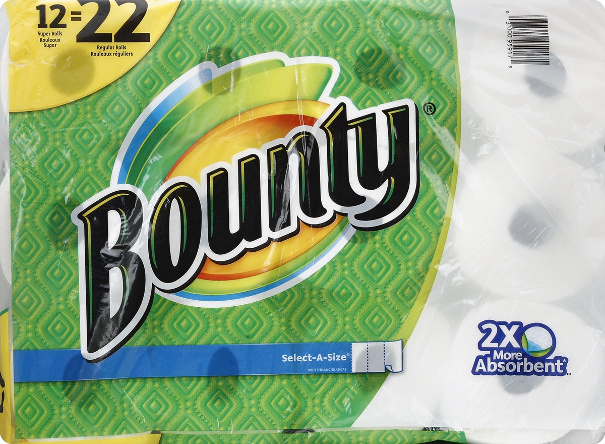 Bounty Bounty Select-A-Size Paper Towels, White, 12 Super Rolls = 22  Regular Rolls, 12 Count