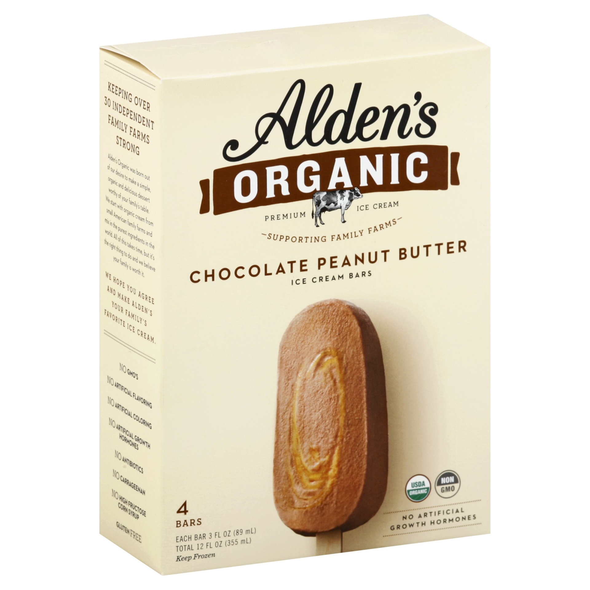 slide 1 of 1, Alden's Organic Chocolate Peanut Butter Ice Cream Bars, 4 ct; 3 fl oz
