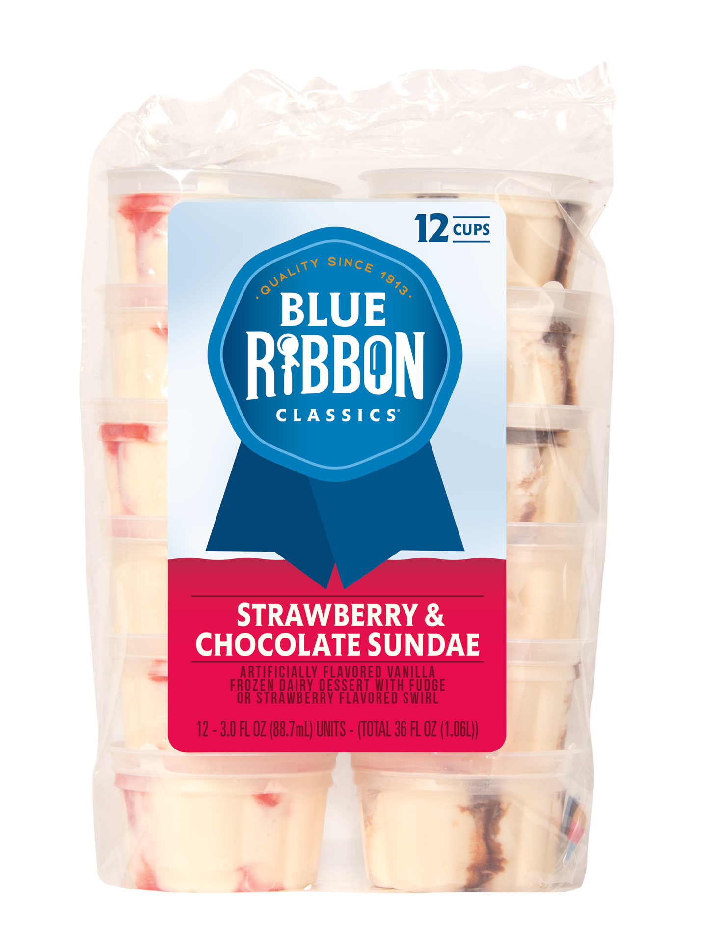 slide 1 of 9, Blue Ribbon Classics Strawberry & Chocolate Sundae Frozen Dessert Cups, 36 fl oz