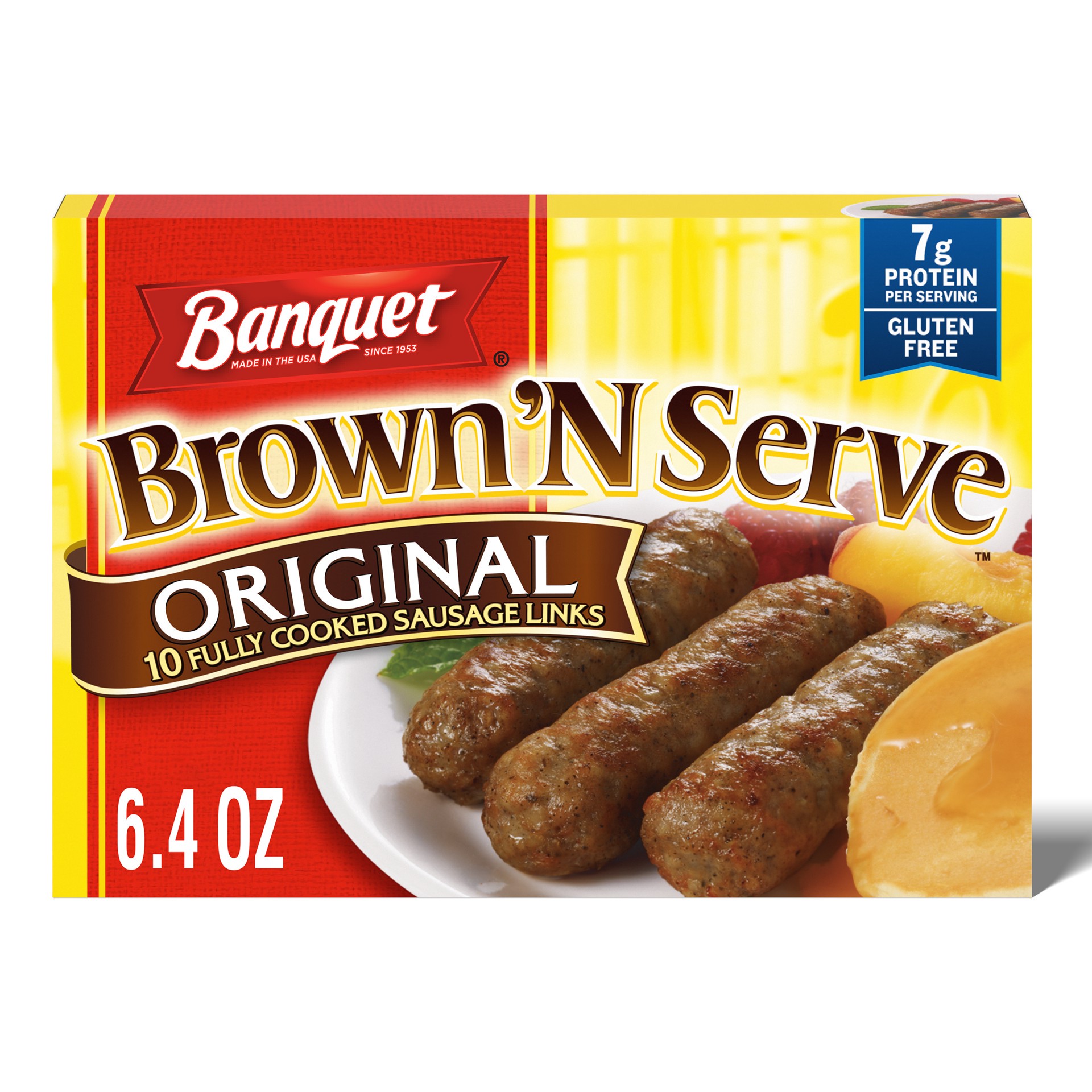 slide 1 of 5, Banquet Brown 'N Serve Original Fully Cooked Sausage Links, Frozen Meat, 10 Count, 6.4 OZ, 10 ct