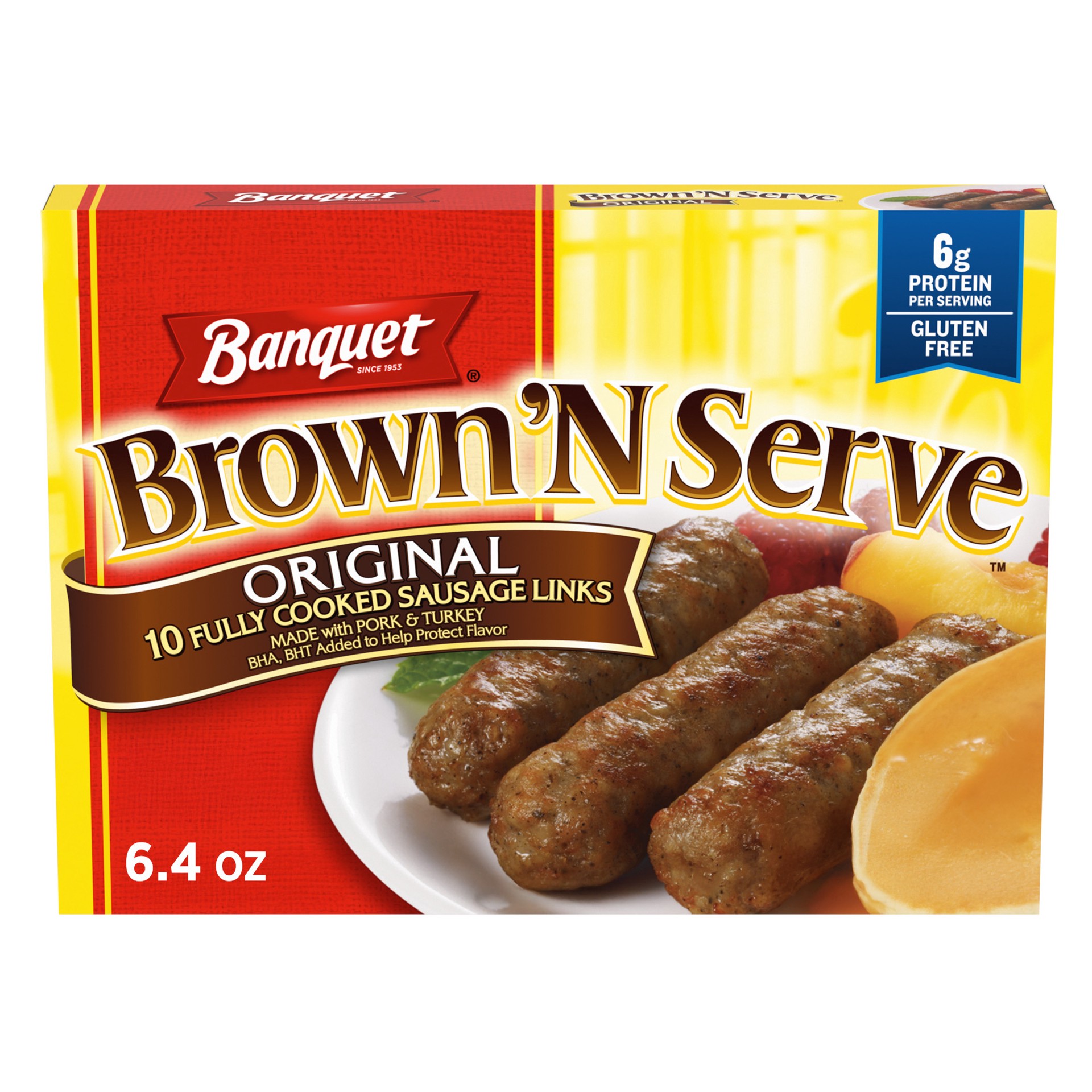 slide 1 of 5, Banquet Brown 'N Serve Original Sausage Links, Frozen Breakfast, 6.4 oz., 10 ct