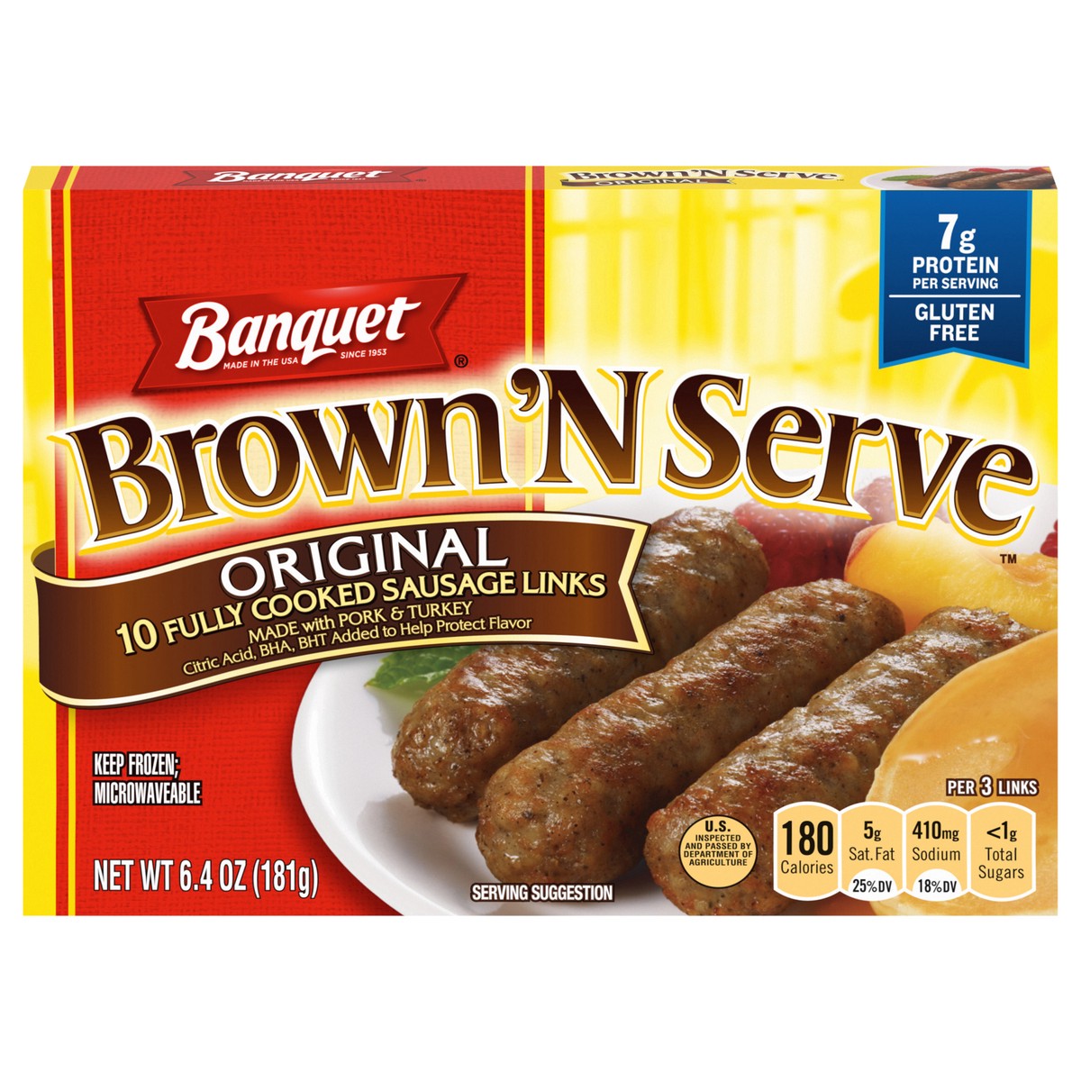slide 1 of 5, Banquet Brown 'N Serve Original Fully Cooked Sausage Links, Frozen Meat, 10 Count, 6.4 OZ, 10 ct