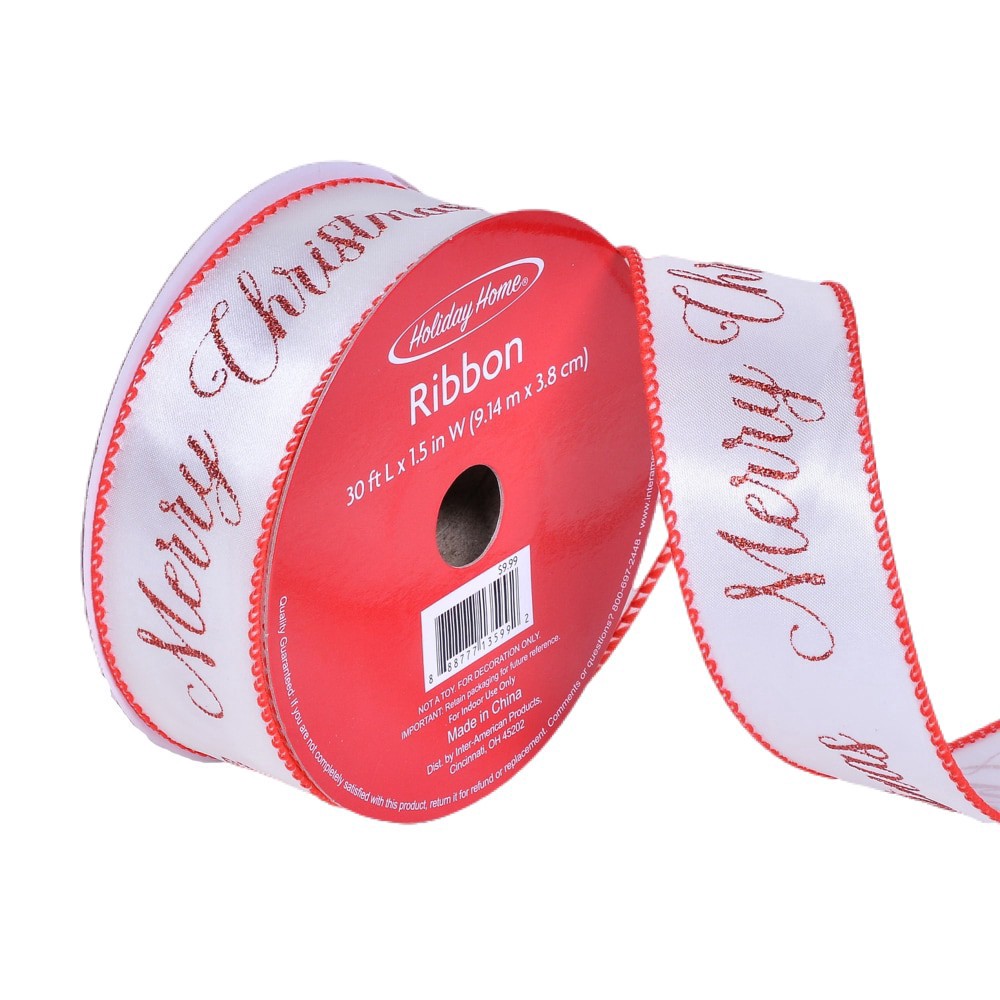 slide 2 of 3, Holiday Home® 1.5" Wire Edge Satin Merry Christmas Ribbon - Red Merrow, 1.5 in