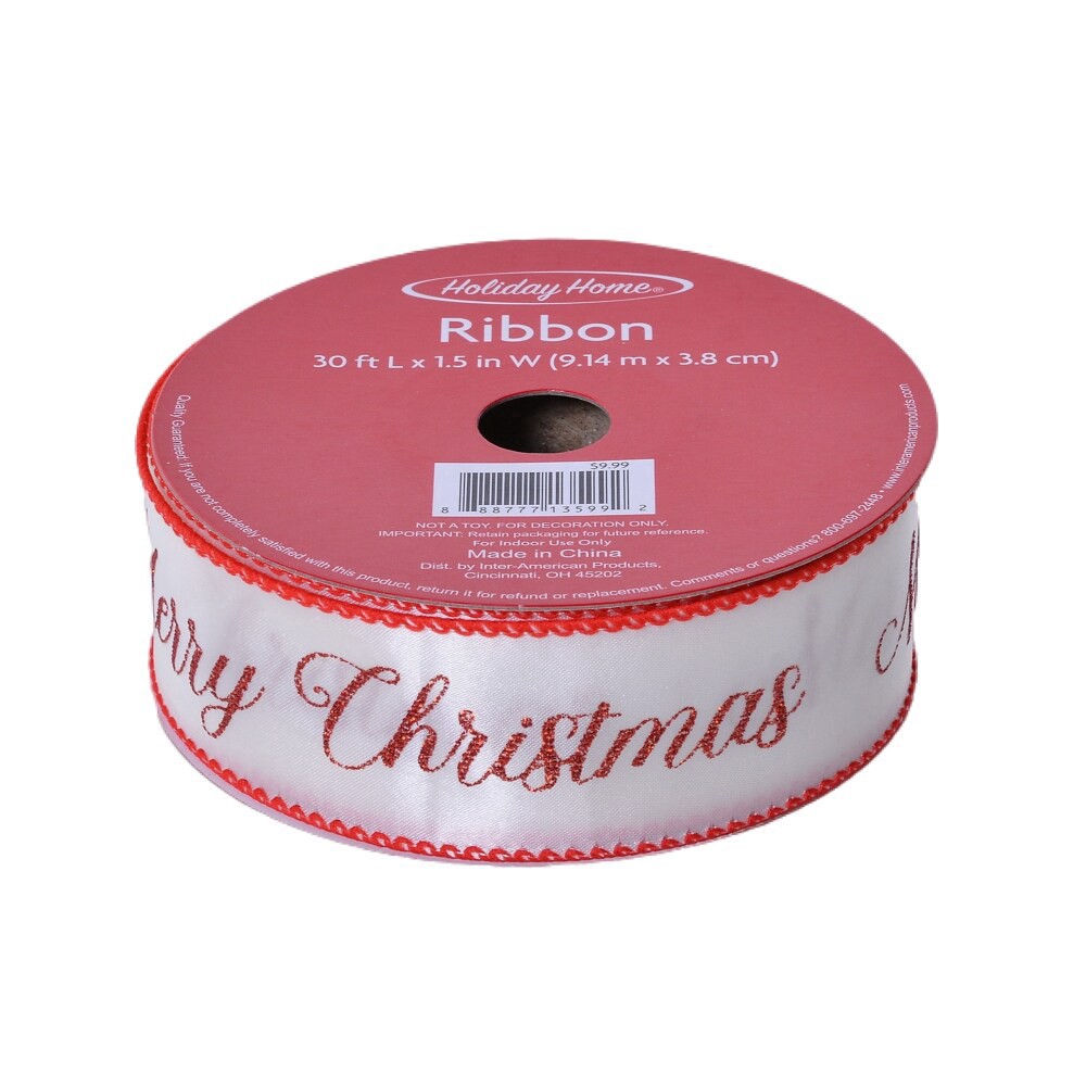 slide 3 of 3, Holiday Home® 1.5" Wire Edge Satin Merry Christmas Ribbon - Red Merrow, 1.5 in