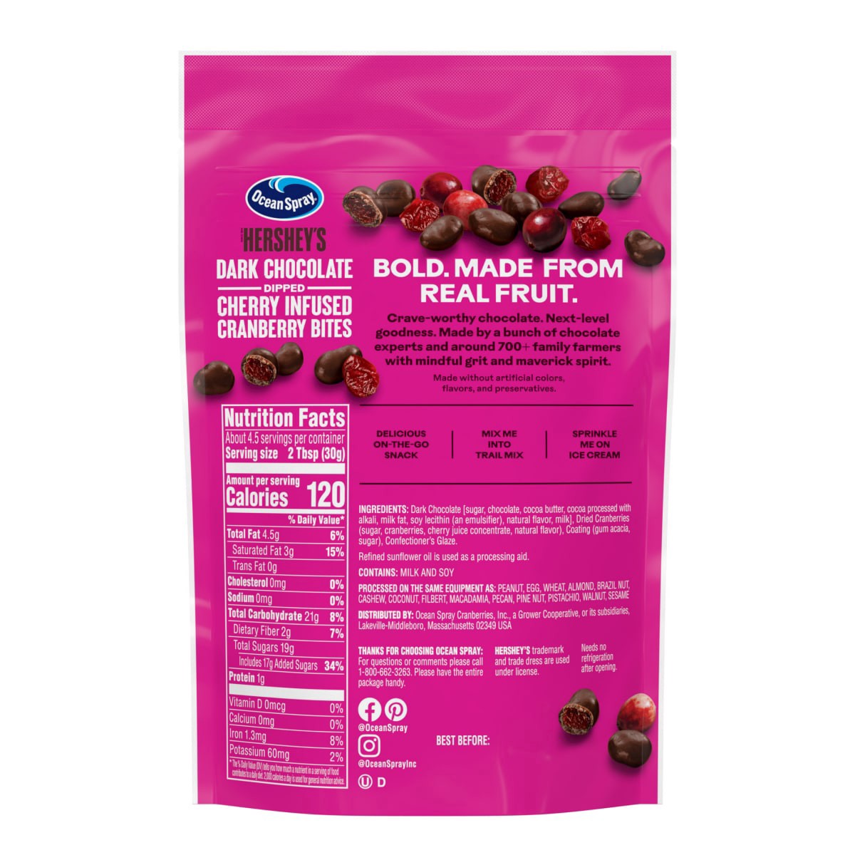 slide 2 of 5, Ocean Spray HERSHEY''S Dark Chocolate Dipped Cranberry Bites With Cherry Flavor, Chocolate Covered Dried Cranberries, 5 Oz Pouch, 5 oz