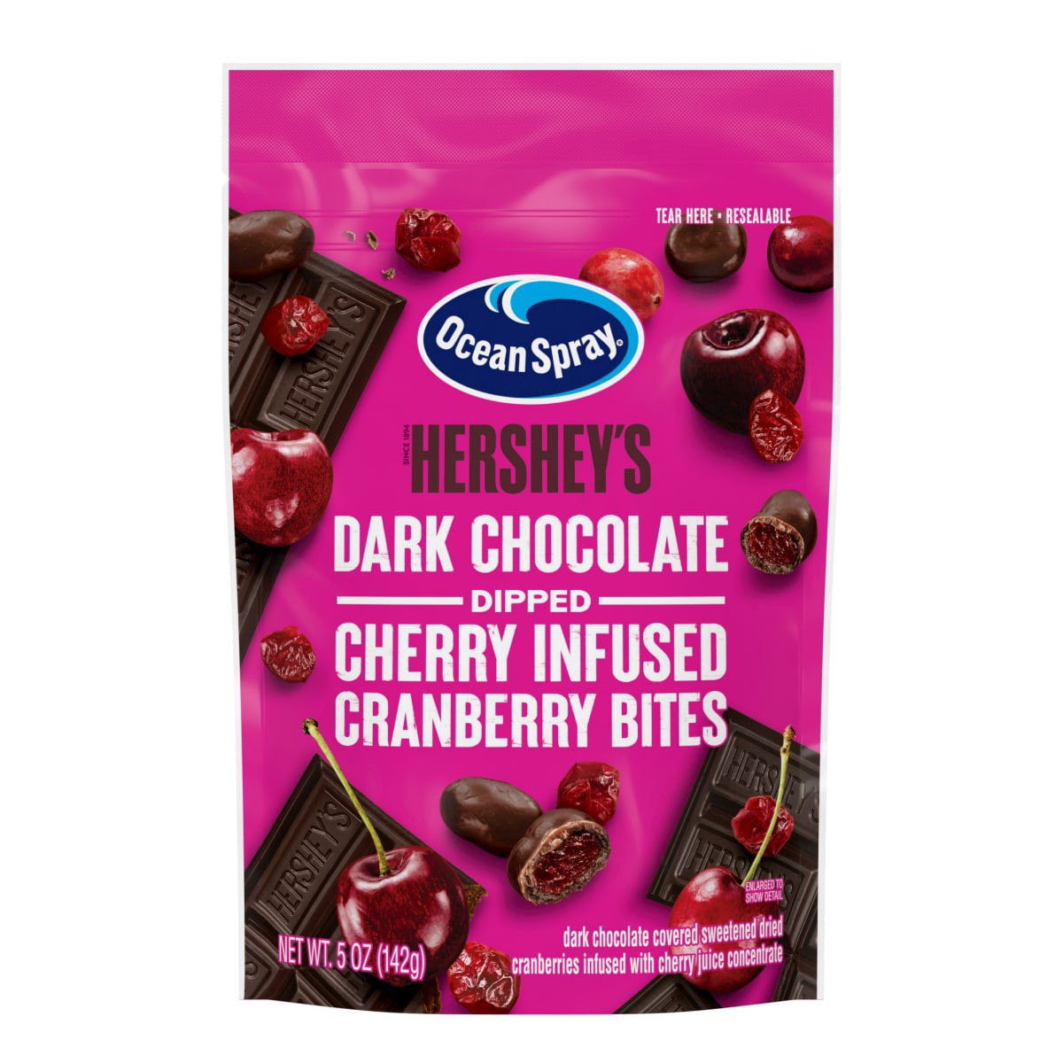 slide 1 of 5, Ocean Spray HERSHEY''S Dark Chocolate Dipped Cranberry Bites With Cherry Flavor, Chocolate Covered Dried Cranberries, 5 Oz Pouch, 5 oz