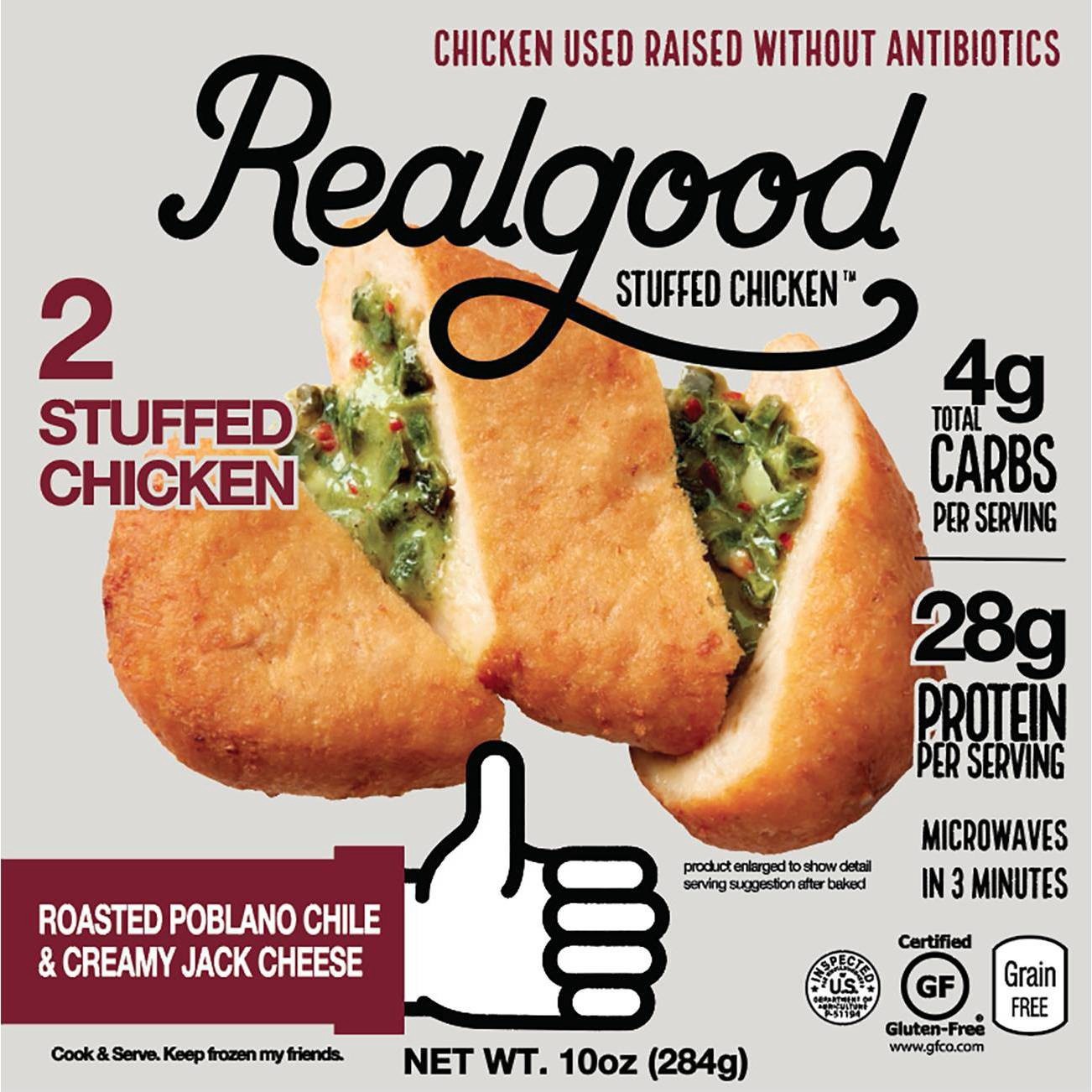 slide 1 of 3, Realgood Roasted Poblano Chile & Creamy Jack Cheese Stuffed Chicken, 10 oz