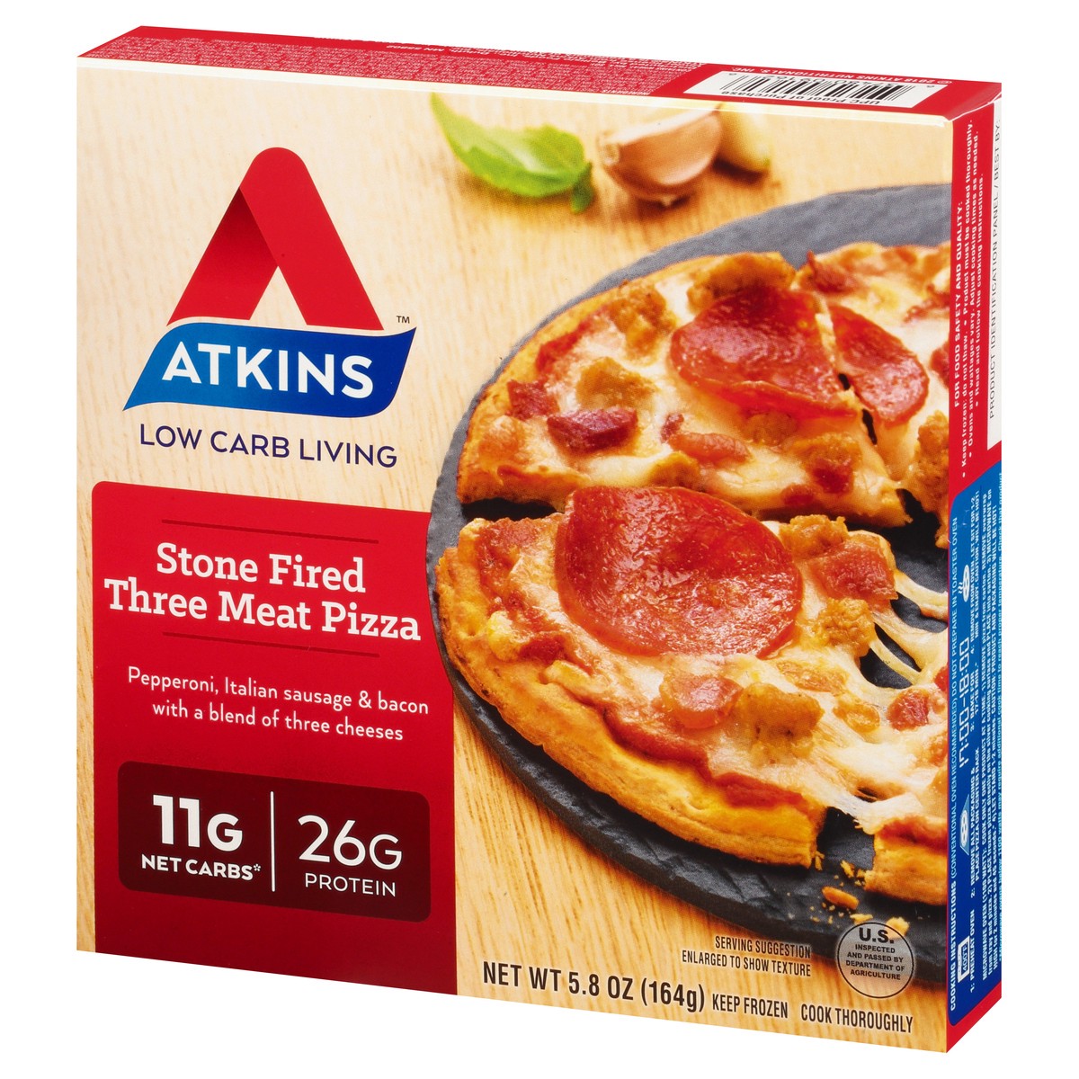 slide 2 of 10, Atkins Pizza, Three Meat, Stone Fired, 5.8 oz