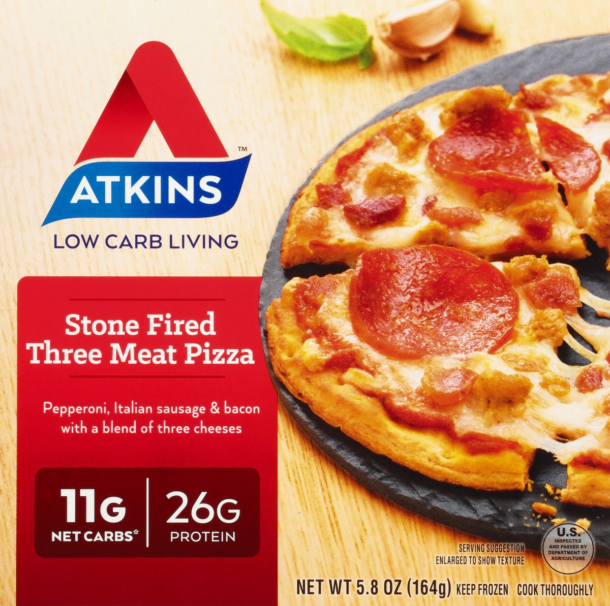slide 3 of 10, Atkins Pizza, Three Meat, Stone Fired, 5.8 oz