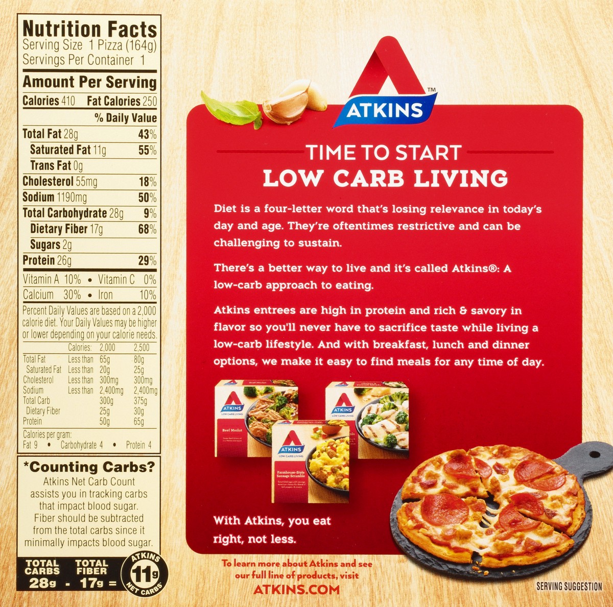 slide 8 of 10, Atkins Pizza, Three Meat, Stone Fired, 5.8 oz