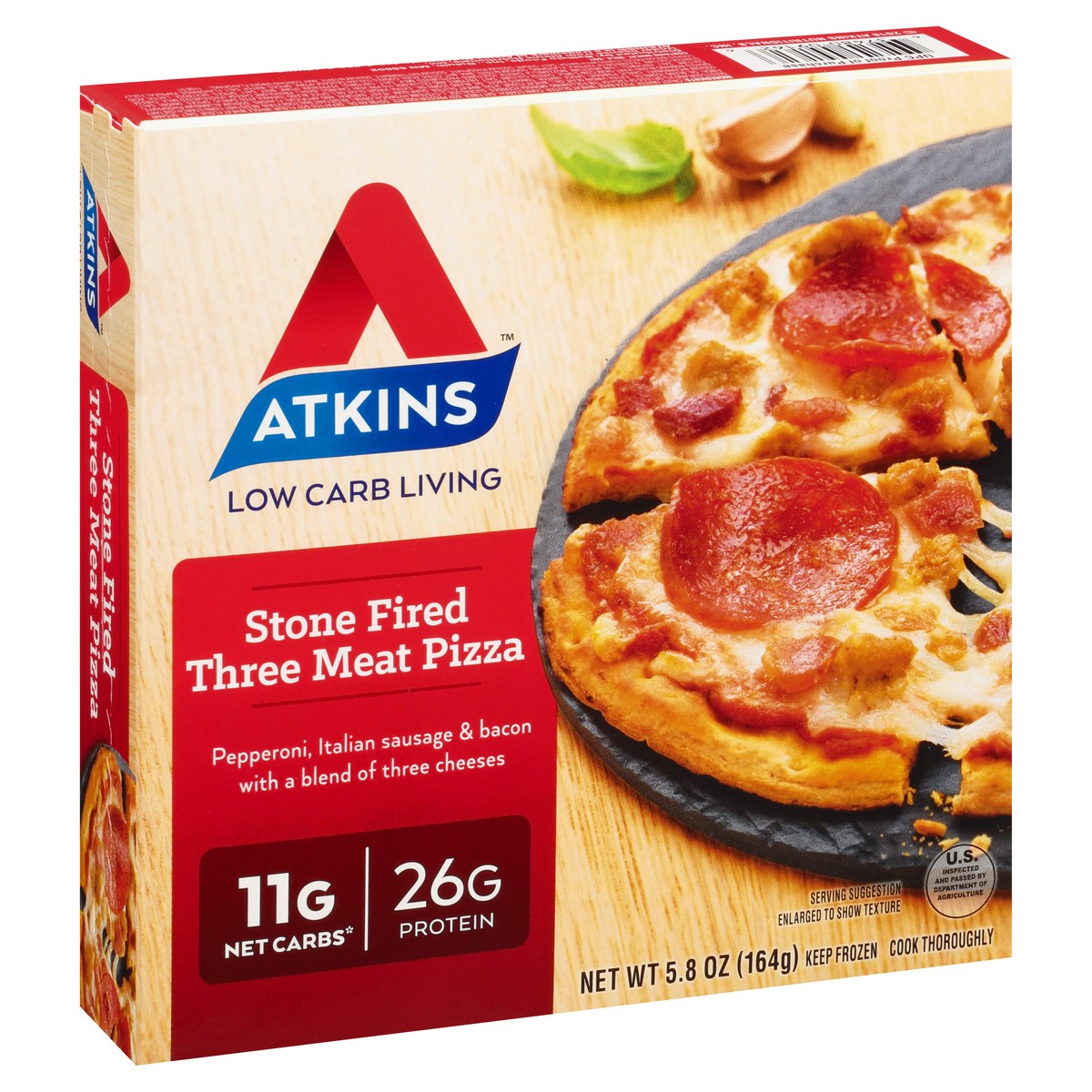 slide 10 of 10, Atkins Pizza, Three Meat, Stone Fired, 5.8 oz