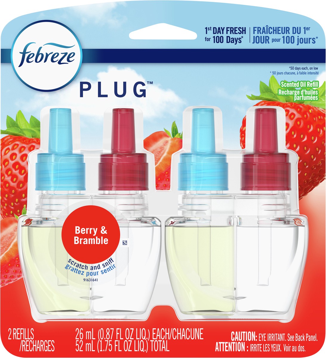 slide 3 of 3, Febreze Odor-Fighting Fade Defy PLUG Air Freshener Refill, Berry & Bramble, (2) .87 fl. oz. Oil Refill, 2 ct