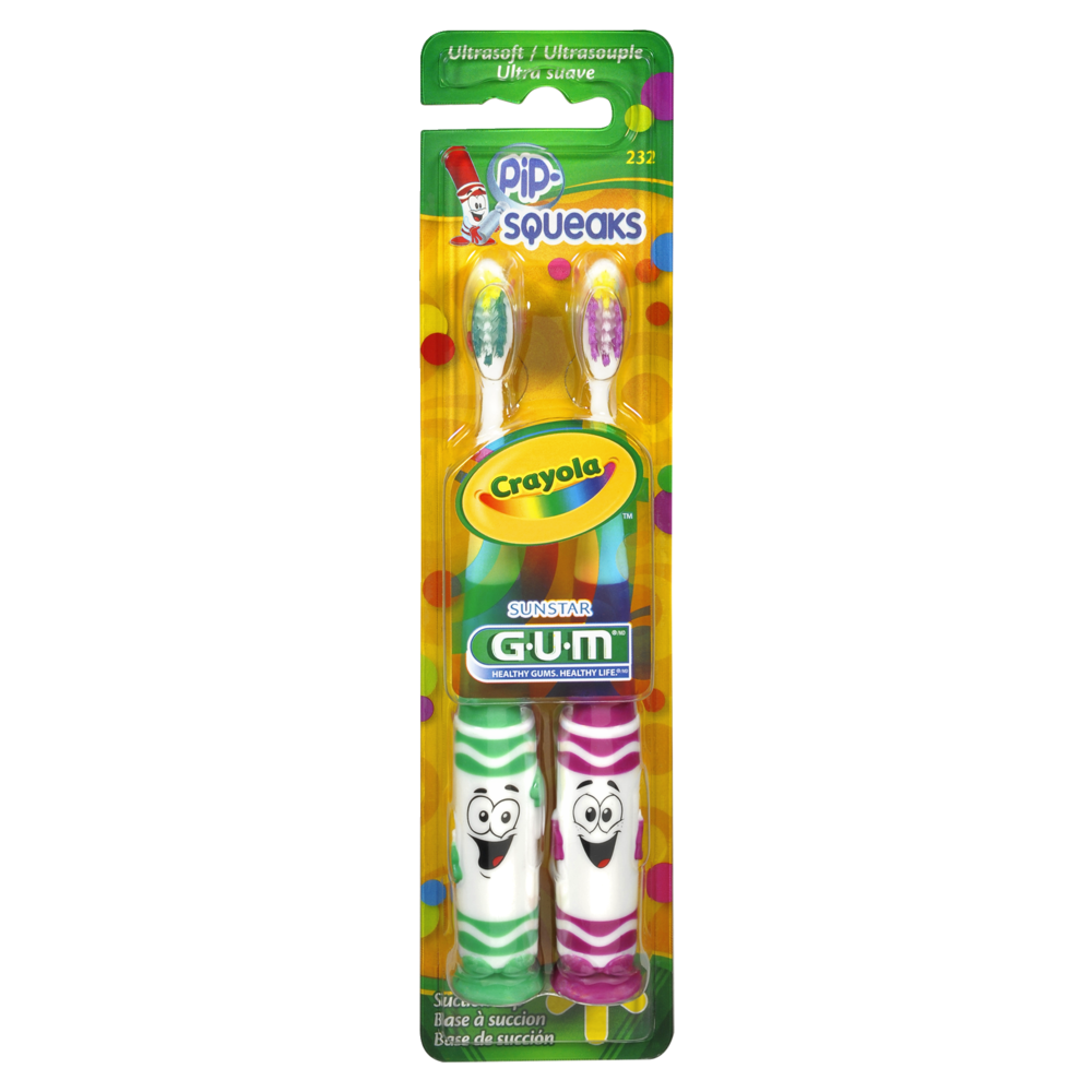 slide 1 of 1, SUNSTAR GUM Crayola Ultra Soft Toothbrush - Twin Pack - Assorted Colors, 2 ct