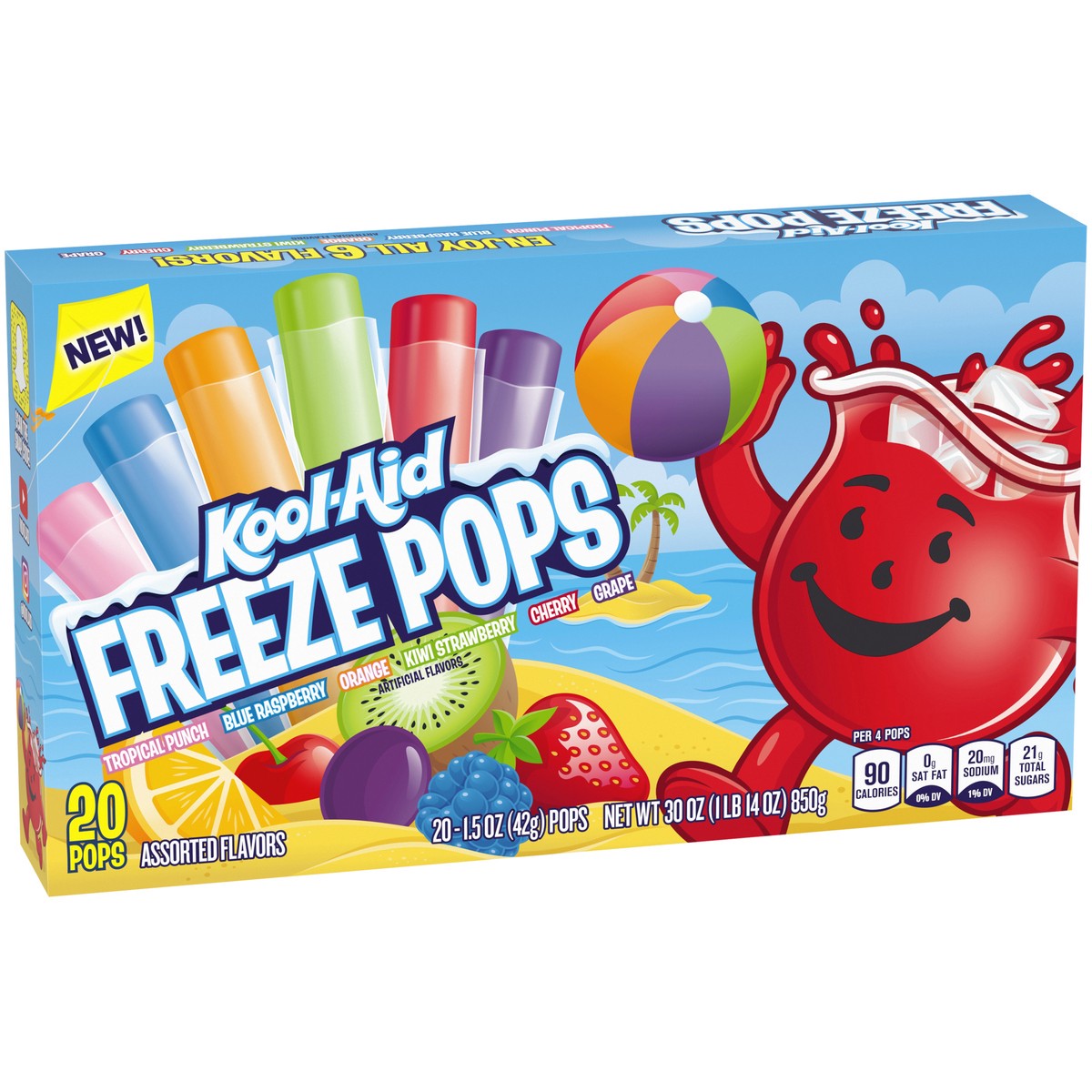 slide 6 of 9, Kool-Aid Tropical Punch, Blue Raspberry, Orange, Kiwi Strawberry, Cherry & Grape Freeze Pops Variety Pack, 20 ct Box, 1.5 oz Pops, 20 ct