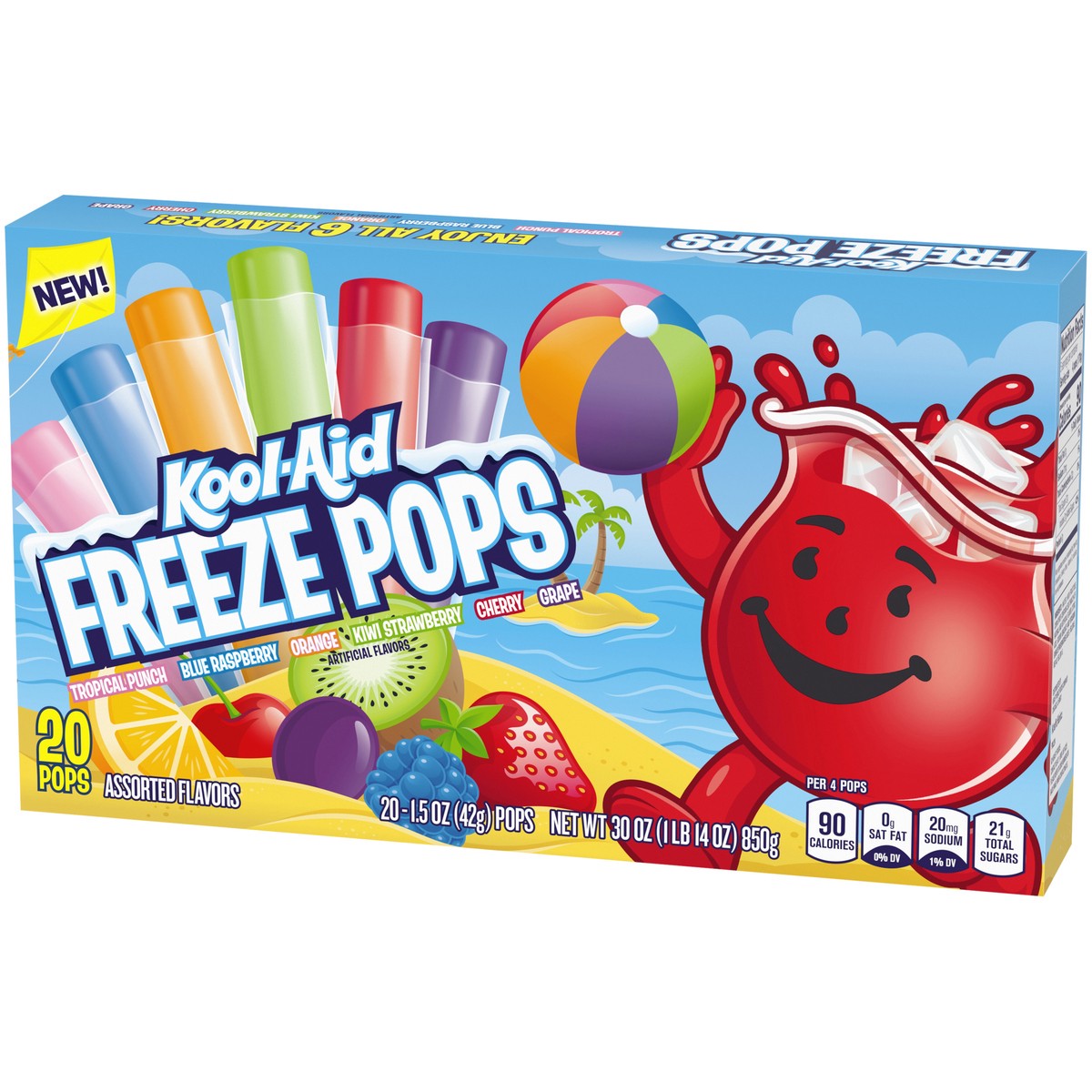 slide 9 of 9, Kool-Aid Tropical Punch, Blue Raspberry, Orange, Kiwi Strawberry, Cherry & Grape Freeze Pops Variety Pack, 20 ct Box, 1.5 oz Pops, 20 ct