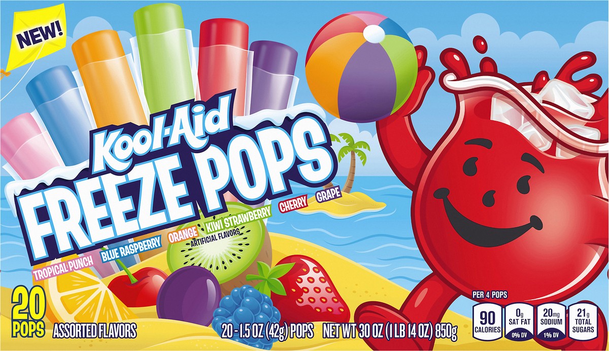 slide 4 of 9, Kool-Aid Tropical Punch, Blue Raspberry, Orange, Kiwi Strawberry, Cherry & Grape Freeze Pops Variety Pack, 20 ct Box, 1.5 oz Pops, 20 ct