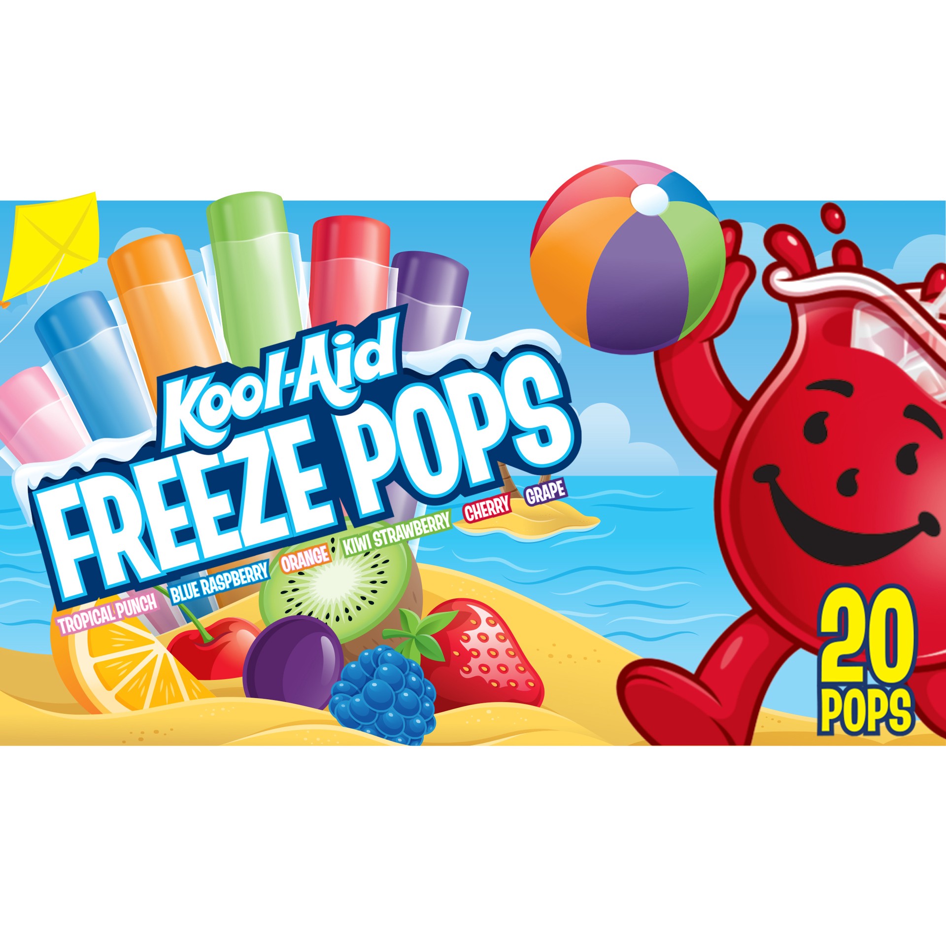 slide 1 of 9, Kool-Aid Tropical Punch, Blue Raspberry, Orange, Kiwi Strawberry, Cherry & Grape Freeze Pops Variety Pack, 20 ct Box, 1.5 oz Pops, 20 ct