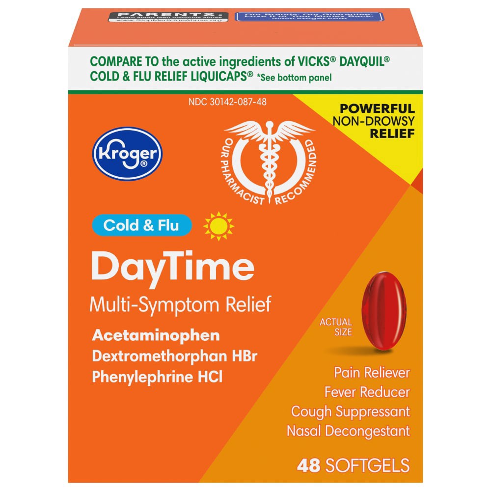 slide 4 of 4, Kroger Multi-Symptoms Relief Non-Drowsy Day Time Cold & Flue - Softgels, 48 ct
