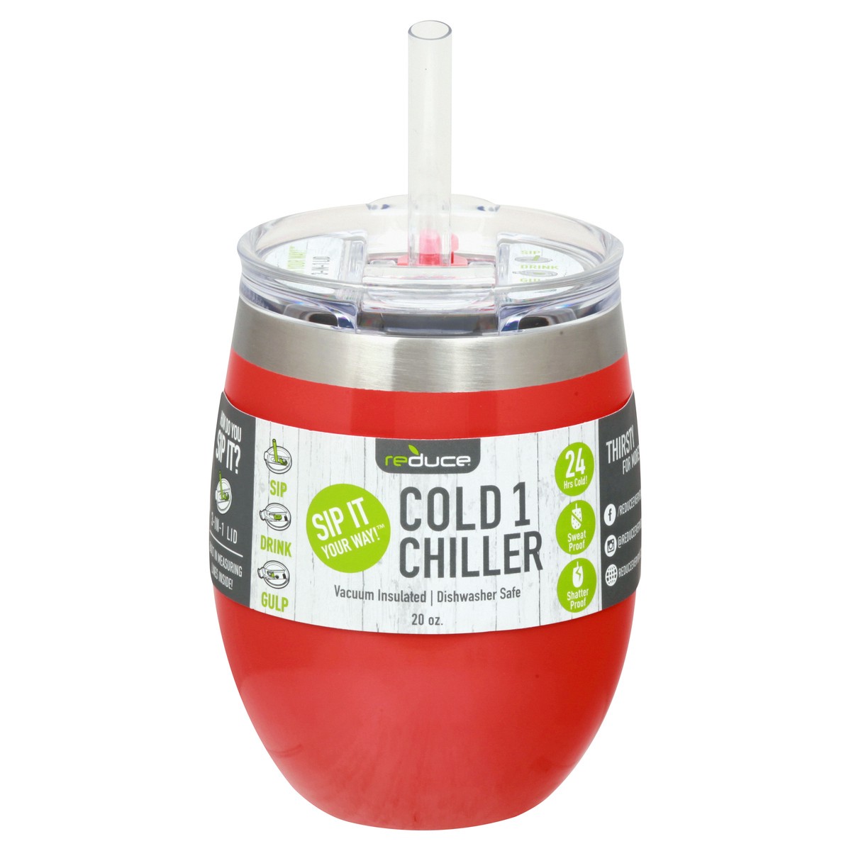 slide 3 of 10, Reduce Cold1 Stainless Steel Chiller with Straw, Cayenne, 20 oz