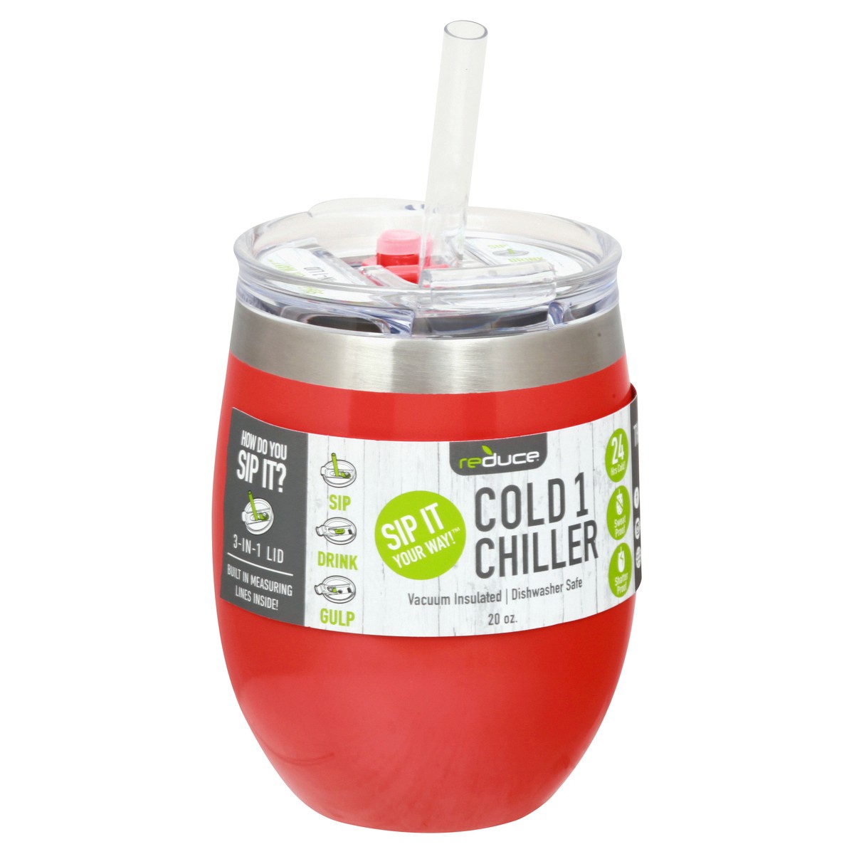 slide 8 of 10, Reduce Cold1 Stainless Steel Chiller with Straw, Cayenne, 20 oz