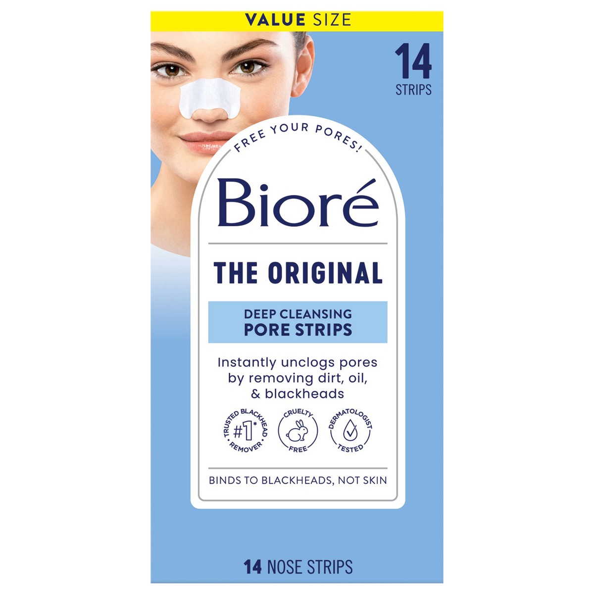 slide 1 of 9, Biore Original Blackhead Remover Strips, Deep Cleansing Nose Strips With Instant Pore Unclogging, Features C-Bond Technology, Oil-Free, Non-Comedogenic Use, 14 Count, 14 ct