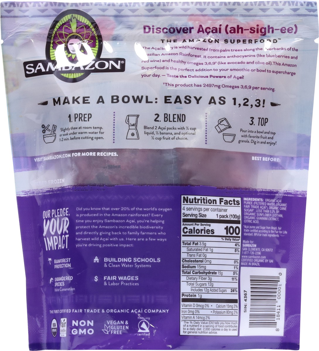 slide 5 of 9, Sambazon Acai Original Blend Superfruit Packs 4 - 100 g Pouches, 4 ct