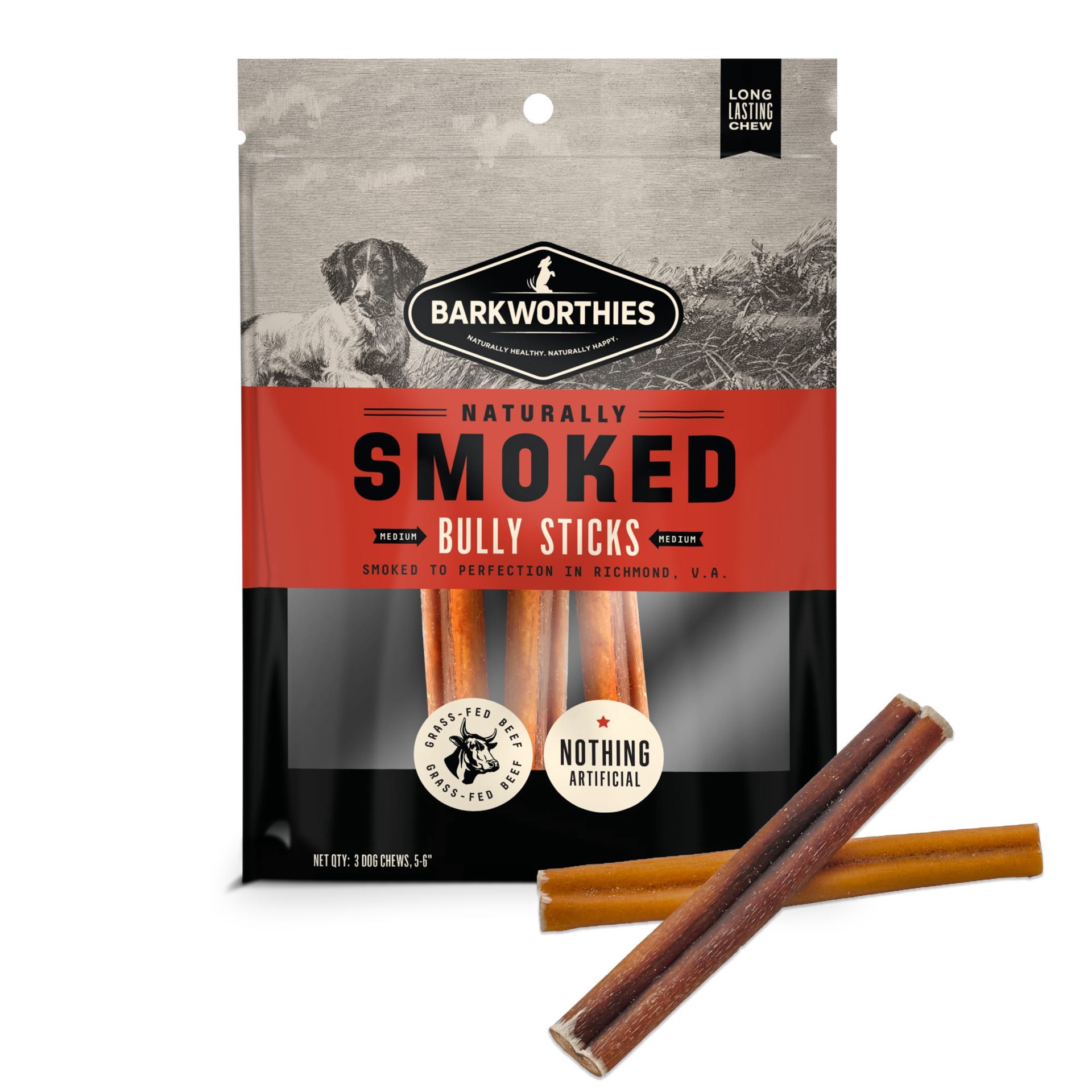 slide 1 of 1, Barkworthies Backworthies Smoked Standard Bully Sticks Dog Treats, 1.7 oz., Count of 3, 1 ct