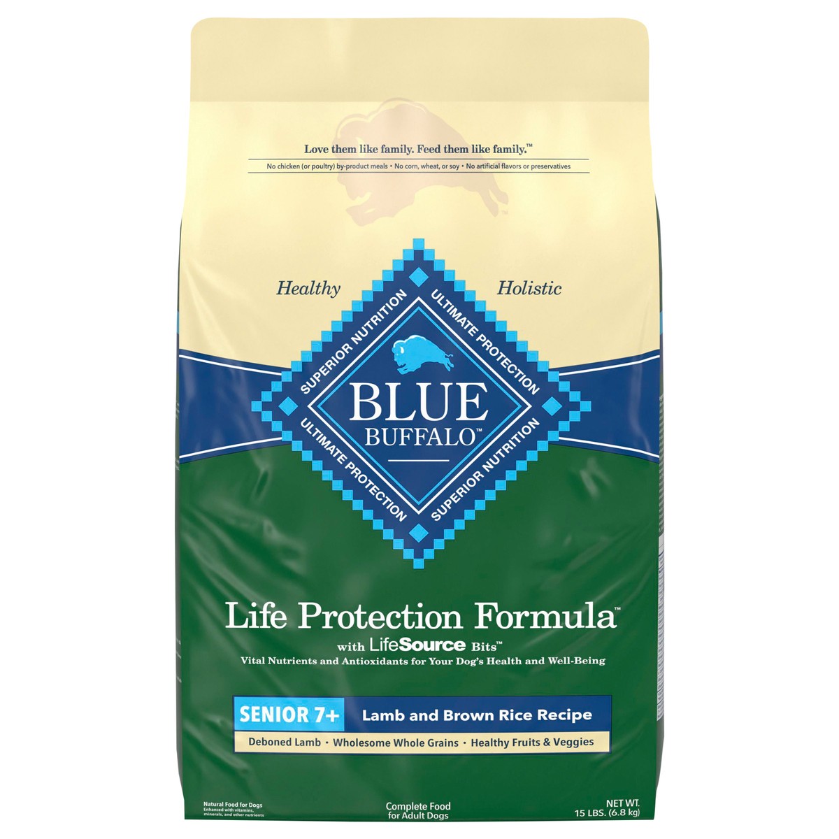slide 1 of 15, Blue Buffalo Life Protection Formula with LifeSource Bits, Senior 7+ Dry Dog Food, Lamb and Brown Rice Recipe, Natural Food for Dogs, 15 lb. Bag, 15 lb