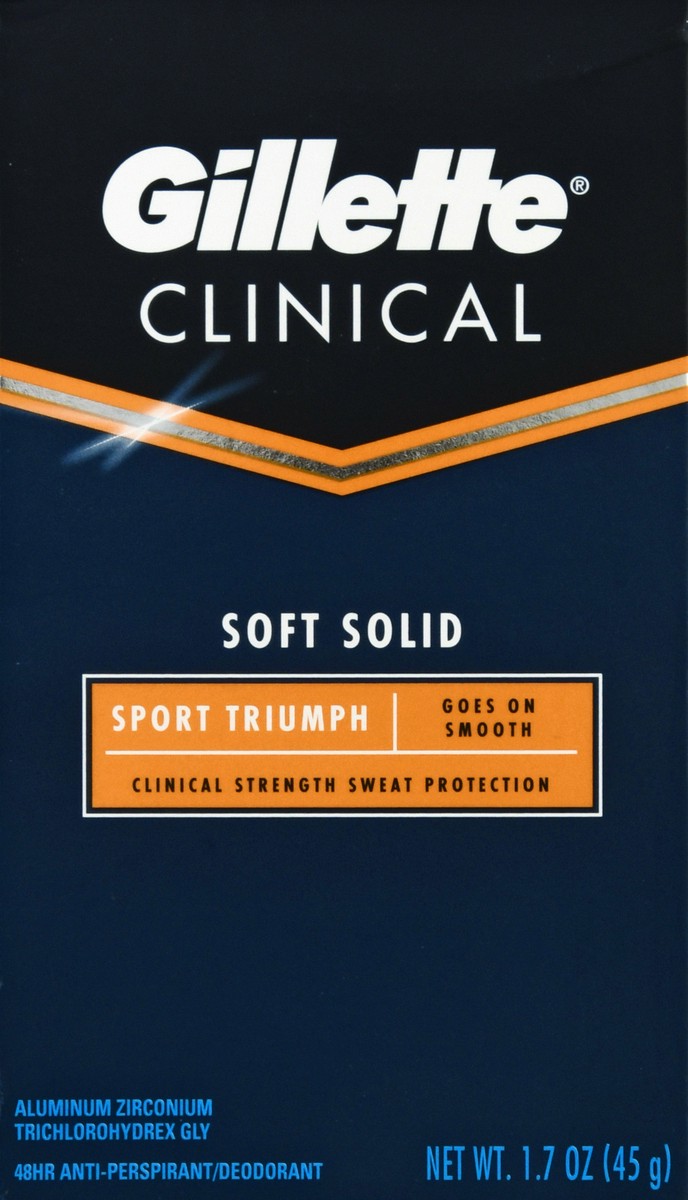 slide 1 of 9, Gillette Clinical Soft Solid Sport Triumph Anti-Perspirant/Deodorant 1.7 oz, 1.70 oz