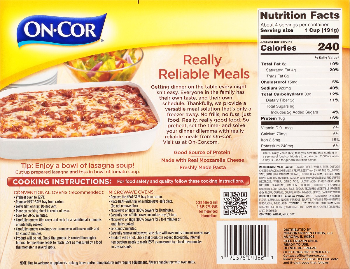 slide 9 of 9, On-Cor Selects Lasagna With Meat Sauce, 28 oz