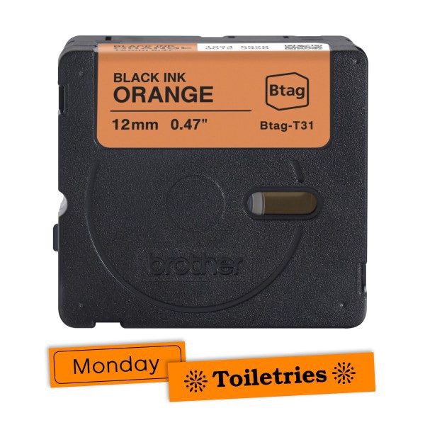 slide 4 of 9, Brother P-touch Btag Label Tape, BTAGT31, 0.47 in by 13.1 ft, Black on Orange, 1 ct