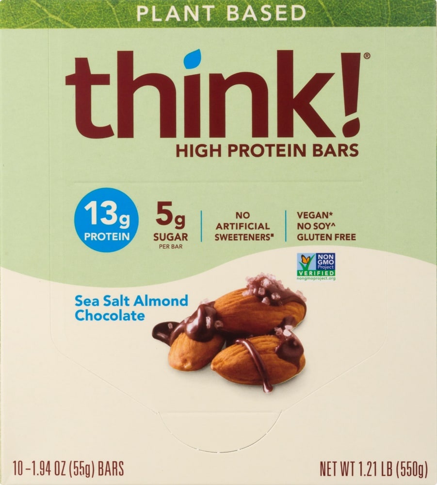 slide 1 of 1, Thinkthin Sea Salt Slmond Chocolate Plant Based Protein Bars, 10 ct; 1.94 oz