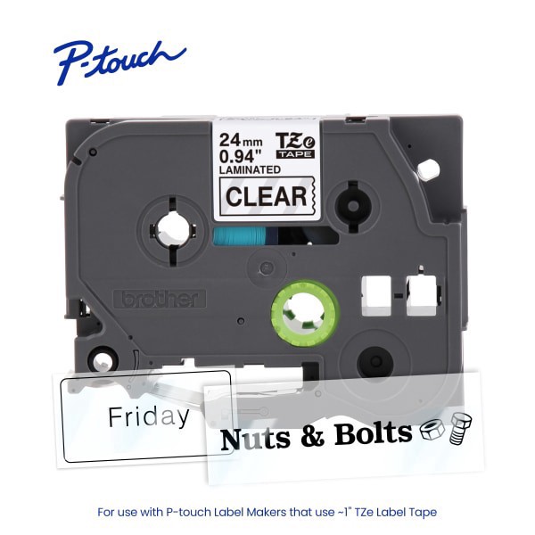 slide 2 of 9, Brother P-touch TZe151, Laminated, 1"" x 26.2 ft (24mm x 8m), Black on Clear Label Tape, 26.2 ft