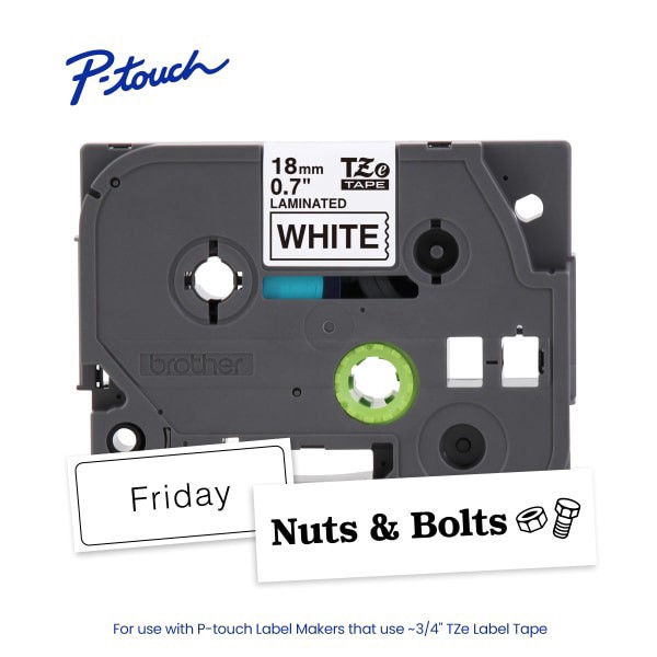 slide 7 of 9, Brother P-touch TZe241, Laminated, 3/4"" x 26.2 ft (18mm x 8m), Black on White Label Tape, 26.2 ft