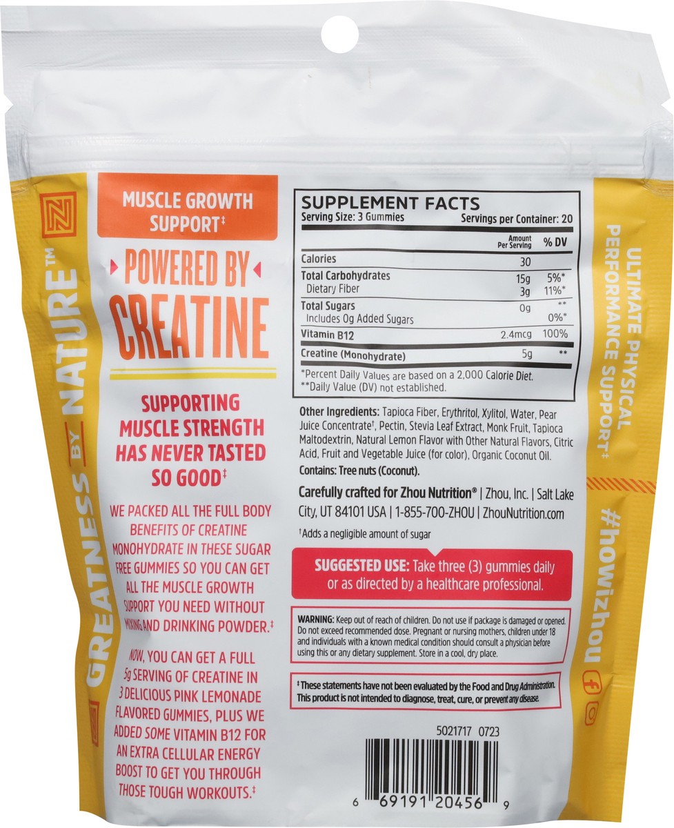 slide 10 of 14, Zhou Muscle Growth Support Pink Lemonade Creatine 60 Gummies, 60 ct