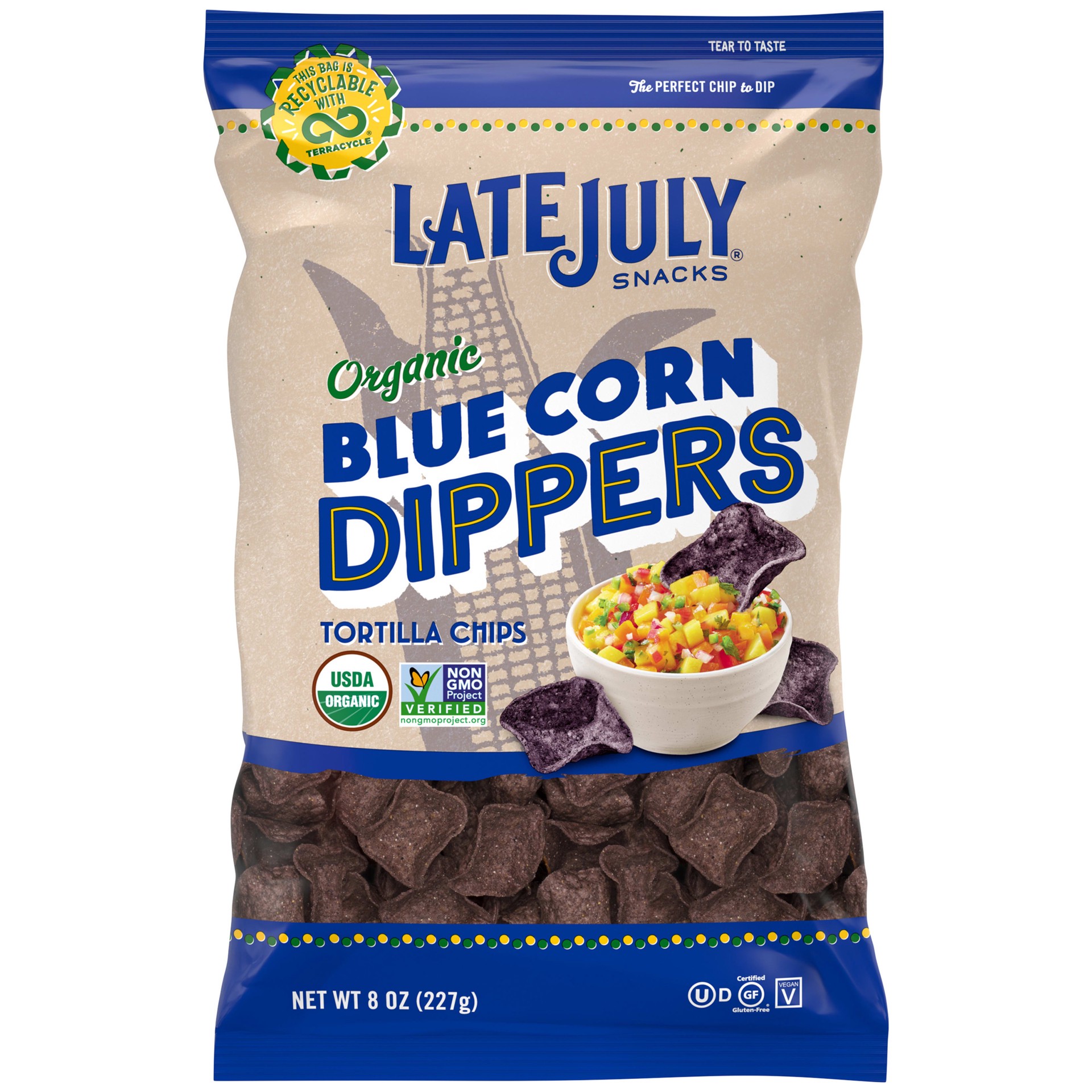 slide 1 of 5, LATE JULY Snacks Dippers Organic Blue Corn Tortilla Chips, 8 oz. Bag, 8 oz