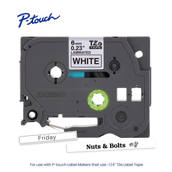 slide 4 of 9, Brother P-touch TZe211 Laminated Label Tape, 1/4"" x 26.2 ft (6mm x 8m), Black on White, 26.2 ft