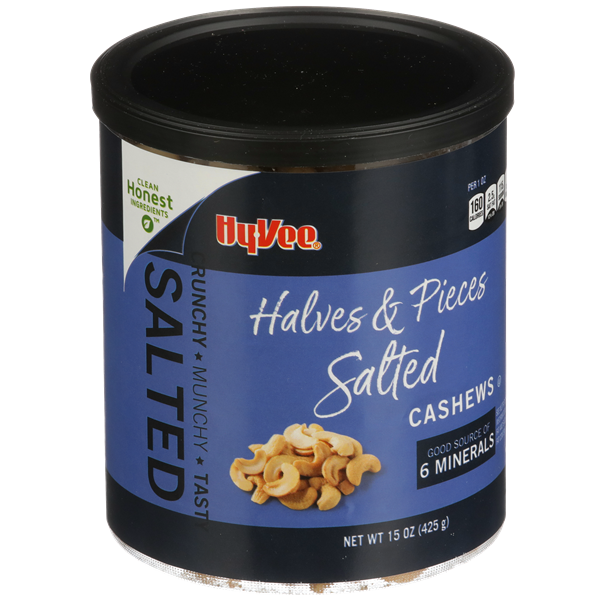 slide 1 of 1, Hy-vee Salted Halves & Pieces Cashews, 15 oz