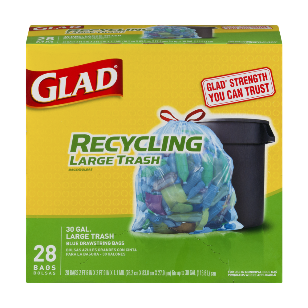 Glad 30 Gallon Recycling Large Drawstring Blue Trash Bags, 28 ct